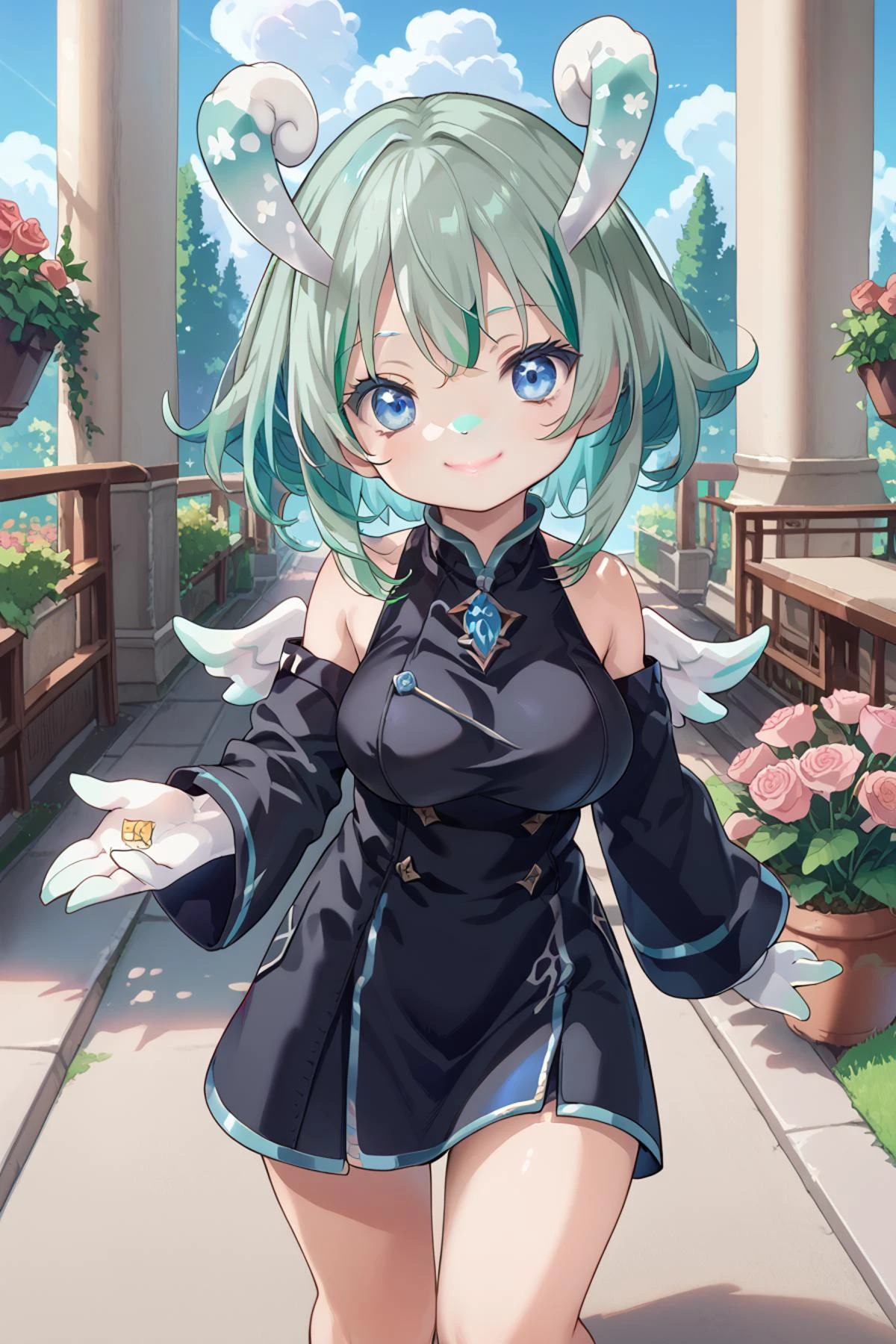 score_9, score_8_up, score_7_up, score_6_up, score_5_up, source anime, BREAK, multicolored hair, (white hair, green hair), two-tone hair, smile, closed mouth, happy, lipstick, eyeliner, blue eyes, realistic background, outdoors, garden, courtyard, rose, jewelry, looking at viewer, <lora:MelusineV4SDXL:0.9> , melusine, curly ears, thin tail, wings, white skin, bottomless, large breasts, thick thighs, bare shoulders, webbed hands, black uniform, short girl, (cowboy shot), cute,