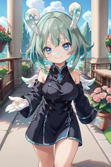 score_9, score_8_up, score_7_up, score_6_up, score_5_up, source anime, BREAK,  multicolored hair, (white hair, green hair), two-tone hair,  smile, closed mouth, happy, lipstick, eyeliner, blue eyes,  realistic background, outdoors,  garden, courtyard, rose, jewelry, looking at viewer, <lora:MelusineV4SDXL:0.9> , melusine, curly ears, thin tail, wings, white skin, bottomless, large breasts,  thick thighs, bare shoulders, webbed hands, black uniform,  short girl, (cowboy shot),  cute,