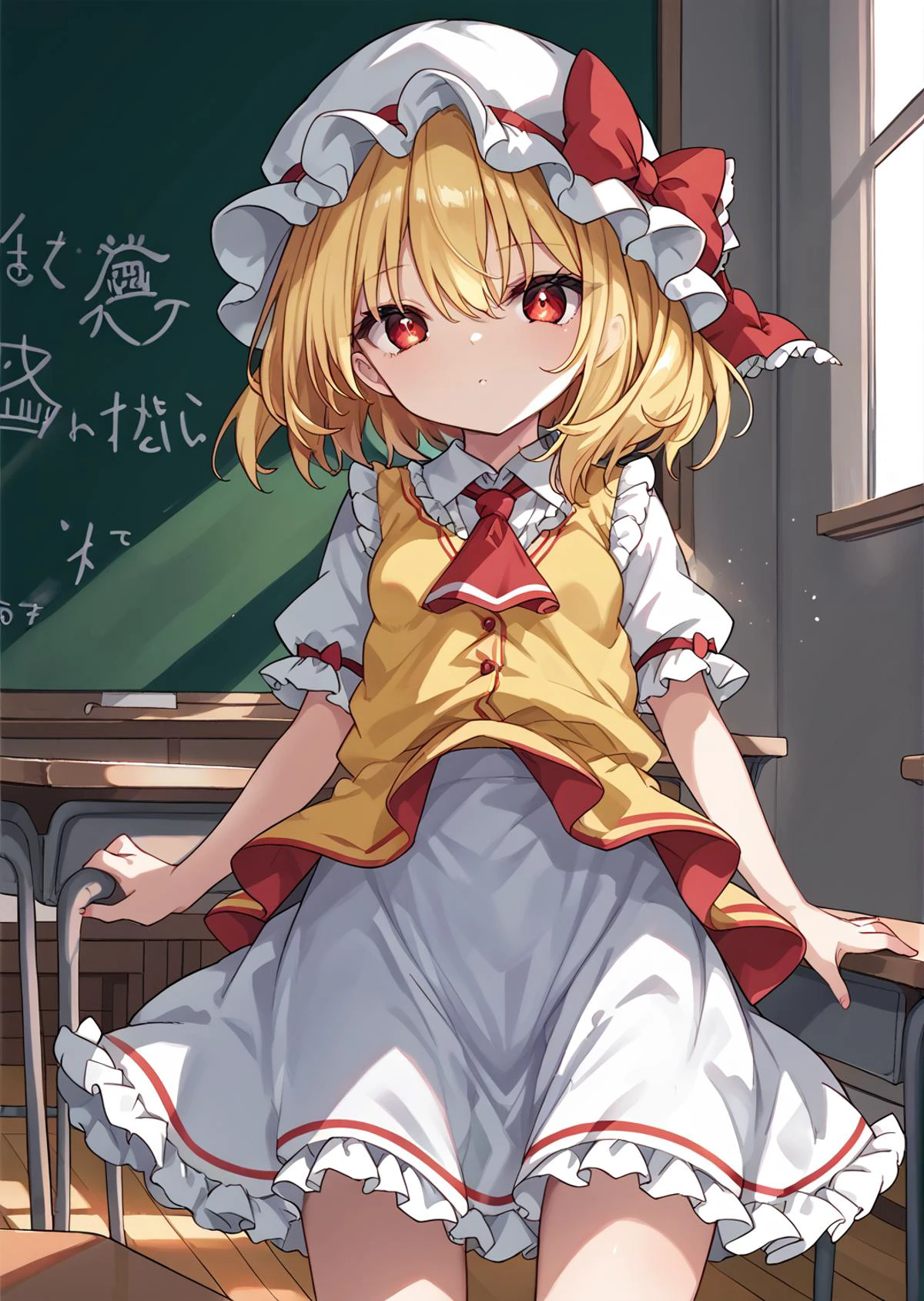 score_9, score_8_up, score_7_up,
1girl, solo, raytracing, classroom, morning,
<lora:ClearHand-V2:2>, nice hands, perfect hands,
<lora:Flandre_Scarlet:1> ,small_breasts, short_hair, blonde_hair, red_eyes, bangs, hair_between_eyes, mob_cap, white_headwear, hat_bow, red_skirt, yellow_ascot, red_vest, red_bow, frills, white_shirt, puffy_short_sleeves, frilled_skirt