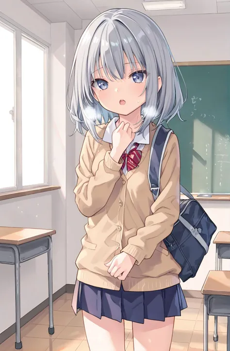 1girl, solo, classroom, heavy breathing, open mouth, grey hair,
school uniform,
standing, school bag,
<lora:ClearHand-V2:2>, nice hands, perfect hands,