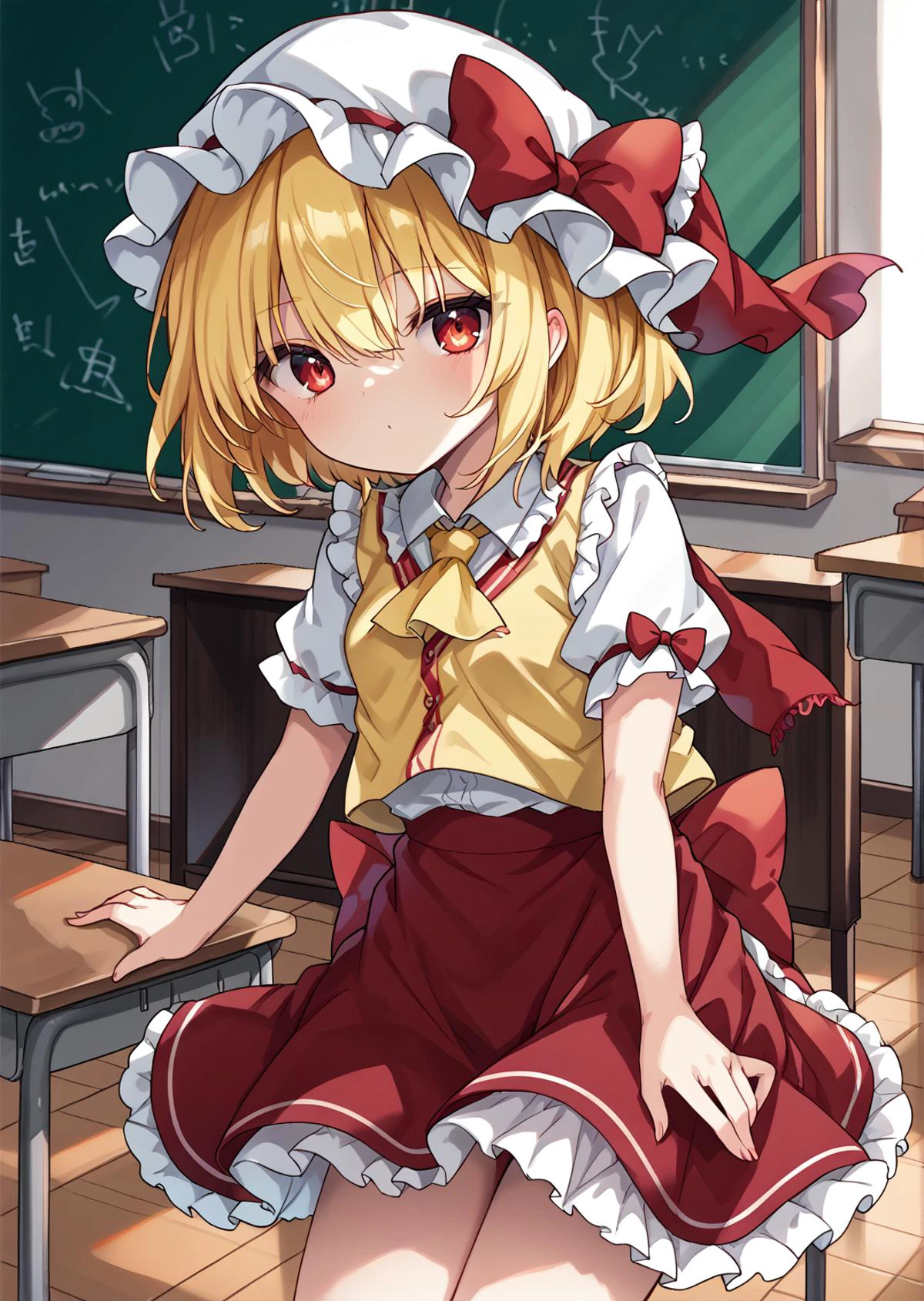 score_9, score_8_up, score_7_up,
1girl, solo, raytracing, classroom,
<lora:ClearHand-V2:2>, nice hands, perfect hands,
<lora:Flandre_Scarlet:1> ,small_breasts, short_hair, blonde_hair, red_eyes, bangs, hair_between_eyes, mob_cap, white_headwear, hat_bow, red_skirt, yellow_ascot, red_vest, red_bow, frills, white_shirt, puffy_short_sleeves, frilled_skirt
