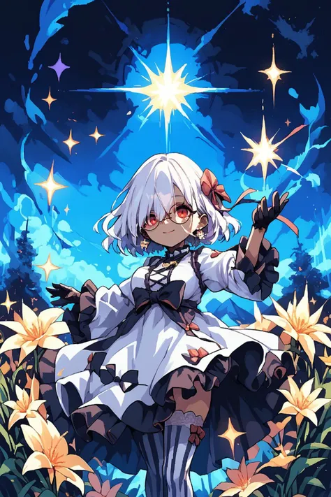 score_9, score_8_up, score_7_up, score_6_up, score_5_up, source anime, BREAK, smile, closed mouth, (cowboy shot), (((dark skin))), realistic background, outdoors, stars, galaxies, cosmos, bright colors, looking at viewer, 1girl, short hair, (sliced bob), earring, lace, (hair over one eye), red eye, jewelry, gloves, necklace, gem, white hair, large breasts, (giant girl), round glasses, <lora:LFashionPDXL:0.9> , zzLFashion, frilled dress, frills, bow, layered clothing, ribbon, white dress, striped thighhighs, floral print, puffy sleeves, action pose, <lora:hand 4:0.5> , Hand, hands, perfect hands, <lora:d3p1x3lXLP:1> , d3p1x3l, pixel art, scenery,