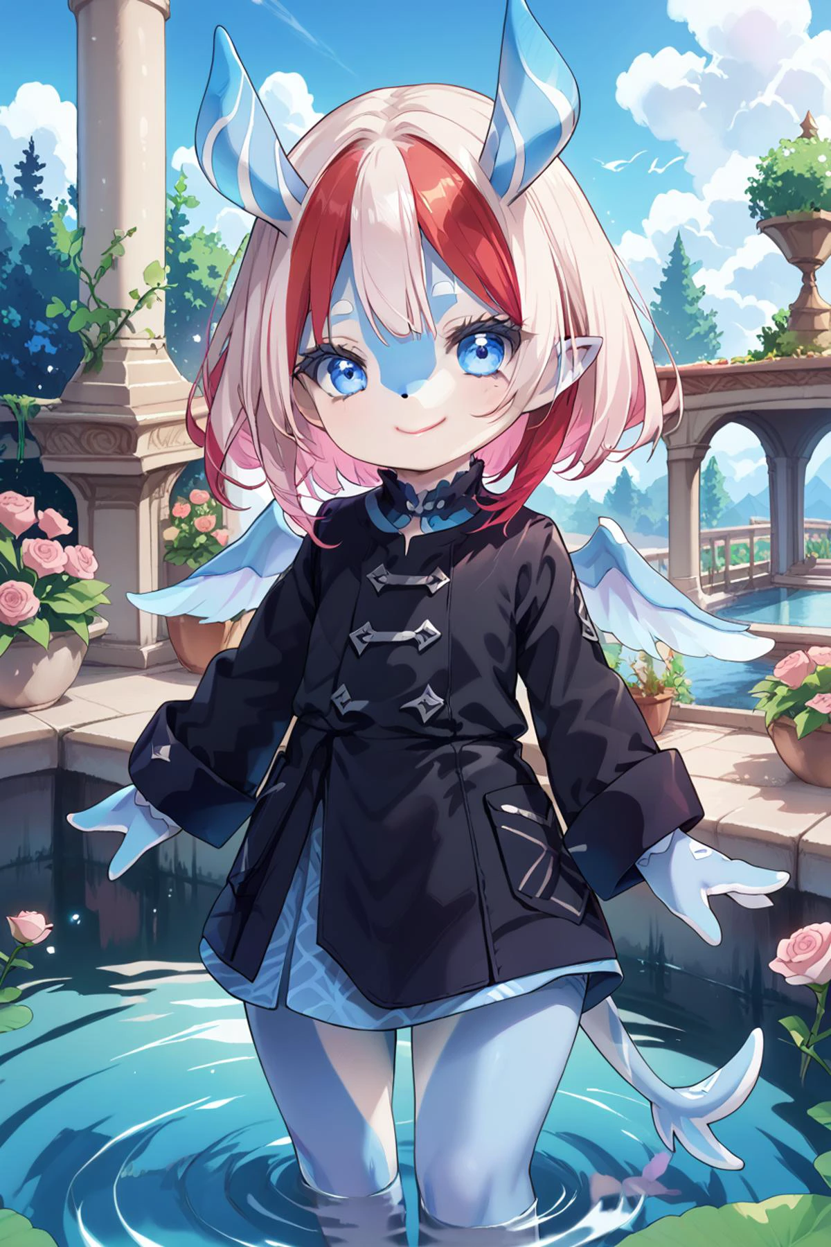 score_9, score_8_up, score_7_up, score_6_up, score_5_up, source anime, BREAK, multicolored hair, (white hair, red hair), two-tone hair, smile, closed mouth, happy, lipstick, eyeliner, blue eyes, realistic background, outdoors, pond, garden, courtyard, rose, jewelry, looking at viewer, <lora:MelusineV4SDXL:0.9> , melusine, straight ears, thin tail, wings, blue skin, bottomless, thick thighs, webbed hands, black uniform, short girl, (cowboy shot), cute,