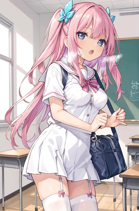 1girl, solo, classroom, heavy breathing, open mouth,
white sailor shirt, short sleeves, white thighhighs,
standing, school bag,
pink hair, hair ornament, long hair, medium breasts,
<lora:ClearHand-V2:2>, nice hands, perfect hands,