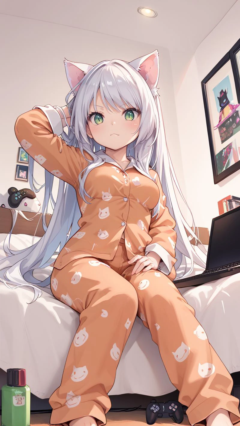 ,from below, score_9, score_8_up, score_7_up,source_anime, ,bedroom,sitting on edge of bed ,,best quality,medium breasts, hand on own hip, 1hand over head,, embarrassed, dutch angle,
<lora:blackhanekawa-pdxl-nvwls-v1:0.8> blkhanekawa, cat ears, slit pupils, very long hair, orange pajamas,, score_9, score_8_up,score_7_up,score_6_up,, , game controller, ,wooden floor, keyboard (computer), , disposable cup, , phone, laptop, , cellphone, controller,bed, messy room,TV,