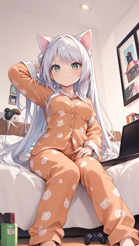 ,from below,  score_9, score_8_up, score_7_up,source_anime, ,bedroom,sitting on edge of bed  ,,best quality,medium breasts, hand on own hip, 1hand over head,, embarrassed, dutch angle, 
  <lora:blackhanekawa-pdxl-nvwls-v1:0.8> blkhanekawa, cat ears, slit pupils, very long hair, orange pajamas,, score_9, score_8_up,score_7_up,score_6_up,, , game controller,  ,wooden floor, keyboard (computer), , disposable cup,  , phone, laptop, , cellphone, controller,bed, messy room,TV,