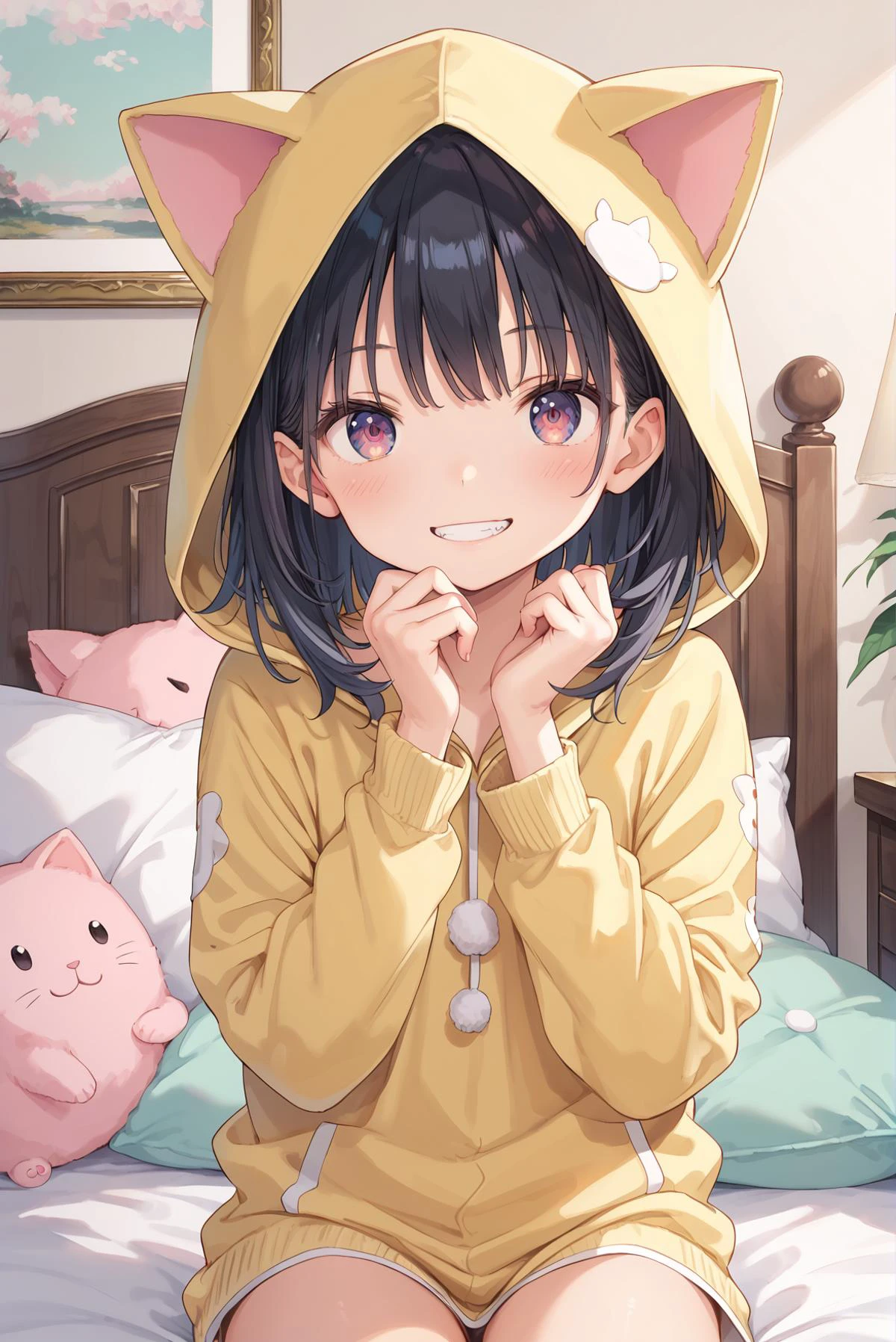 score_9, (score_8_up:0.8), (score_7_up:0.6), perfect face, cute face, detailed face, detailed eye, eye reflection, seductive smile, blush, looking at viewer,
(anime),(absurdres), (sharp focus:1.3), (insanely detailed:1.3), (perfect anatomy), super fine (anime painting),
1girl, solo, medium hair, black hair, cowboy shot, hood up, yellow hoodie pajamas with cat costume, bedroom, sitting on bed, hand on own chin, grin,
detailed background,