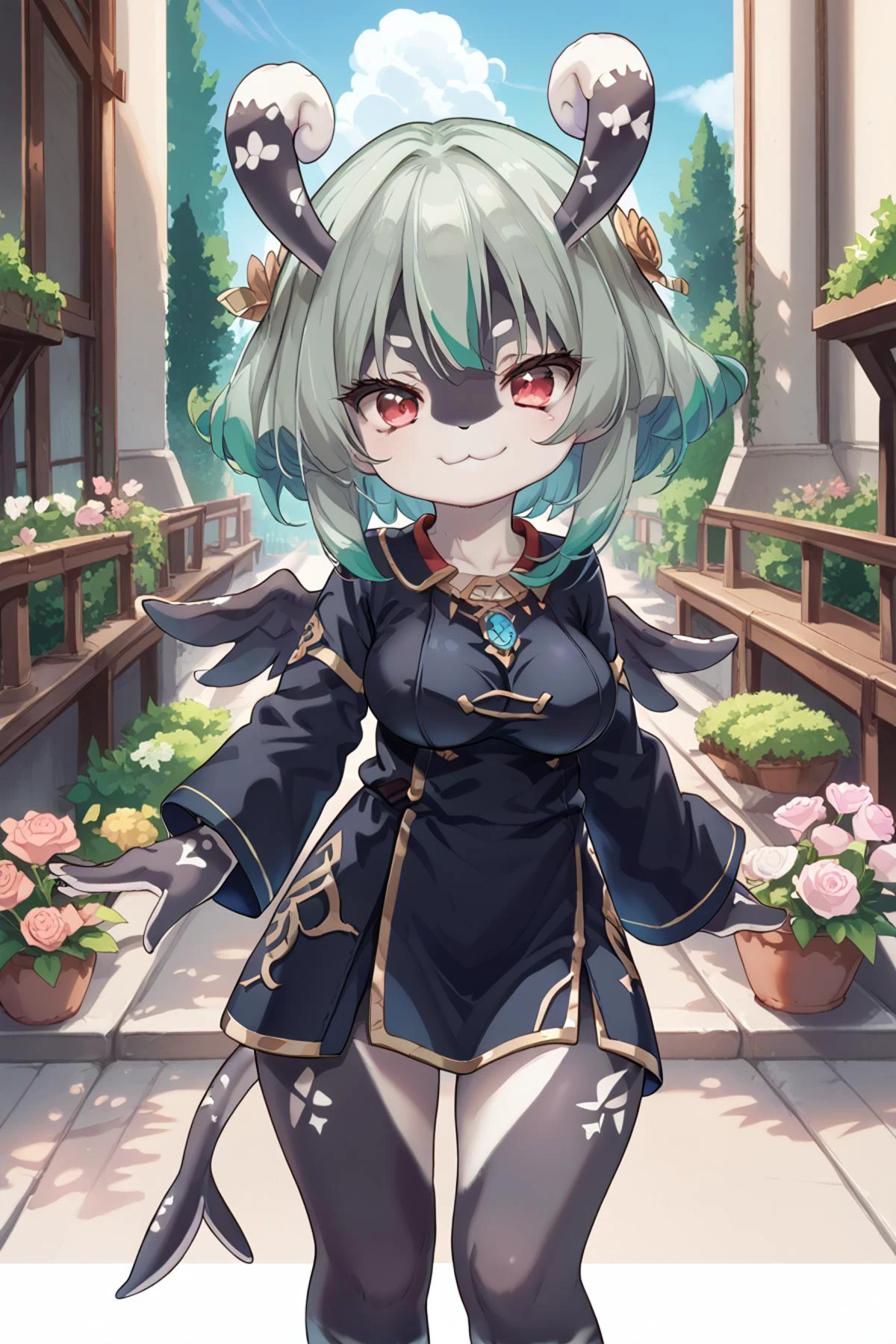 score_9, score_8_up, score_7_up, score_6_up, score_5_up, source anime, BREAK, multicolored hair, (white hair, green hair), two-tone hair, smile, (smug), happy, eyeliner, red eyes, realistic background, outdoors, garden, courtyard, rose, jewelry, looking at viewer, <lora:MelusineV4SDXL:0.95> , melusine, curly ears, thin tail, wings, black skin, bottomless, large breasts, (thick thighs), bare shoulders, webbed hands, black uniform, short girl, (cowboy shot), cute, tribal tattoos,