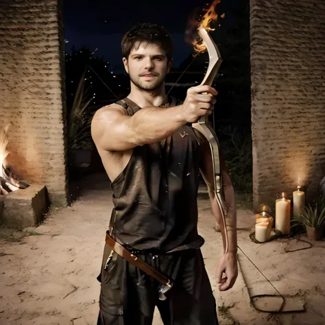 1male, muscled, face beauty,  <lora:Duda Nagle:1>, realistic, photograph, Medieval archer, bow and arrow in flames, pointing at camera