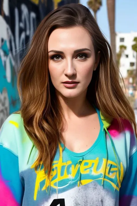 Picture, best quality, portrait photo of beautiful woman (Koh_KatherineBarrell:0.96) on venice beach, wearing urban streetwear, [Supreme clothing|Louis Vuitton clothing], cool looking, strong drip, looking at viewer, perfect face, perfect eyes, sharp focus, beach, graffiti spraypaint, colorful graffiti