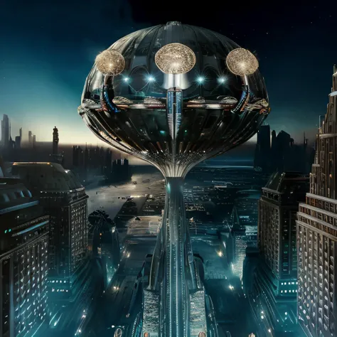 Hyper-realistic depiction of a complex,futuristic architectural marvel,intricately designed by renowned artists Jeff Easley and Boris Vallejo,captivating the essence of a mesmerizing sci-fi urban landscape. Set against an industrial backdrop,the striking image is illuminated with dynamic,directional light that accentuates the bold lines and hyper-detailed features,while maintaining an enthralling sense of depth and depth of field. The masterpiece adopts a dark,limited color palette,enhanced by high contrast to evoke a cinematic atmosphere,as if it were a meticulously crafted poster art piece. Captured in a medium full shot,the scene showcases the architectural mastery in all its glory,with a wide angle view that draws the viewer into the dazzling,luminous,and masterfully executed world,where every minute detail contributes to the overall sense of awe and wonder. Emphasizing on the intricate elements and the best possible quality,this stunning visual encapsulates the essence of a groundbreaking,award-winning work that takes us on a journey through a realm where imagination knows no bounds.,<lora:Blade_Runner_Style:0.7>,scenery,night,building,solo,dark,science fiction,outdoors,city,cityscape,the milky way,night,neon,dark,