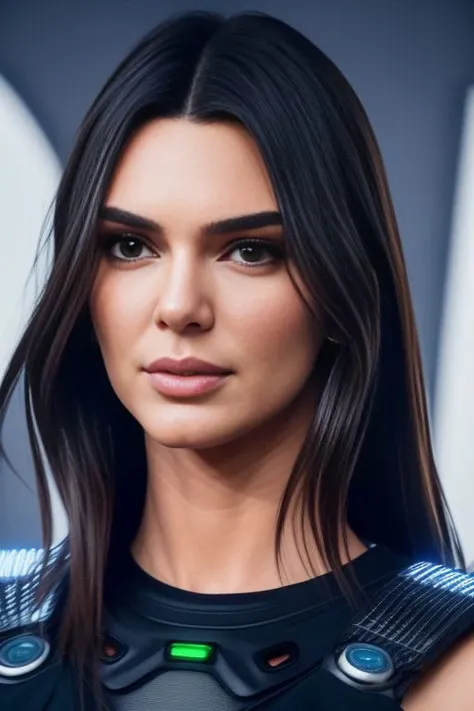 Picture, best quality, portrait photo of beautiful, Koh_KendallJenner, wearing cyberpunk bodysuit, gloves, at futuristic shopping mall, (cyberpunk:1.1), shops, advertisements, billboards, wearing neon accessories, futuristic,, looking at viewer, sharp focus