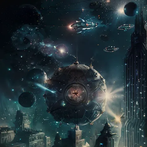 Hyper-realistic depiction of a complex,futuristic architectural marvel,intricately designed by renowned artists Jeff Easley and Boris Vallejo,captivating the essence of a mesmerizing sci-fi urban landscape. Set against an industrial backdrop,the striking image is illuminated with dynamic,directional light that accentuates the bold lines and hyper-detailed features,while maintaining an enthralling sense of depth and depth of field. The masterpiece adopts a dark,limited color palette,enhanced by high contrast to evoke a cinematic atmosphere,as if it were a meticulously crafted poster art piece. Captured in a medium full shot,the scene showcases the architectural mastery in all its glory,with a wide angle view that draws the viewer into the dazzling,luminous,and masterfully executed world,where every minute detail contributes to the overall sense of awe and wonder. Emphasizing on the intricate elements and the best possible quality,this stunning visual encapsulates the essence of a groundbreaking,award-winning work that takes us on a journey through a realm where imagination knows no bounds.,<lora:Blade_Runner_Style:0.7>,scenery,night,building,solo,dark,science fiction,outdoors,city,cityscape,<lora:RetroSpaceships:0.7>,retrospaceships,design,hull,flying,space,exhaust,the milky way,night,neon,dark,