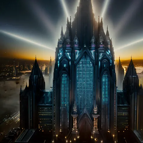 Hyper-realistic depiction of a complex,futuristic architectural marvel,intricately designed by renowned artists Jeff Easley and Boris Vallejo,captivating the essence of a mesmerizing sci-fi urban landscape. Set against an industrial backdrop,the striking image is illuminated with dynamic,directional light that accentuates the bold lines and hyper-detailed features,while maintaining an enthralling sense of depth and depth of field. The masterpiece adopts a dark,limited color palette,enhanced by high contrast to evoke a cinematic atmosphere,as if it were a meticulously crafted poster art piece. Captured in a medium full shot,the scene showcases the architectural mastery in all its glory,with a wide angle view that draws the viewer into the dazzling,luminous,and masterfully executed world,where every minute detail contributes to the overall sense of awe and wonder. Emphasizing on the intricate elements and the best possible quality,this stunning visual encapsulates the essence of a groundbreaking,award-winning work that takes us on a journey through a realm where imagination knows no bounds.,<lora:Blade_Runner_Style:0.7>,scenery,night,building,solo,dark,science fiction,outdoors,city,cityscape,the milky way,night,neon,dark,