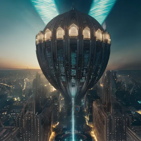 Hyper-realistic depiction of a complex,futuristic architectural marvel,intricately designed by renowned artists Jeff Easley and Boris Vallejo,captivating the essence of a mesmerizing sci-fi urban landscape. Set against an industrial backdrop,the striking image is illuminated with dynamic,directional light that accentuates the bold lines and hyper-detailed features,while maintaining an enthralling sense of depth and depth of field. The masterpiece adopts a dark,limited color palette,enhanced by high contrast to evoke a cinematic atmosphere,as if it were a meticulously crafted poster art piece. Captured in a medium full shot,the scene showcases the architectural mastery in all its glory,with a wide angle view that draws the viewer into the dazzling,luminous,and masterfully executed world,where every minute detail contributes to the overall sense of awe and wonder. Emphasizing on the intricate elements and the best possible quality,this stunning visual encapsulates the essence of a groundbreaking,award-winning work that takes us on a journey through a realm where imagination knows no bounds.,<lora:Blade_Runner_Style:0.7>,scenery,night,building,solo,dark,science fiction,outdoors,city,cityscape,the milky way,night,neon,dark,