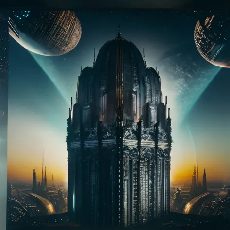 Hyper-realistic depiction of a complex,futuristic architectural marvel,intricately designed by renowned artists Jeff Easley and Boris Vallejo,captivating the essence of a mesmerizing sci-fi urban landscape. Set against an industrial backdrop,the striking image is illuminated with dynamic,directional light that accentuates the bold lines and hyper-detailed features,while maintaining an enthralling sense of depth and depth of field. The masterpiece adopts a dark,limited color palette,enhanced by high contrast to evoke a cinematic atmosphere,as if it were a meticulously crafted poster art piece. Captured in a medium full shot,the scene showcases the architectural mastery in all its glory,with a wide angle view that draws the viewer into the dazzling,luminous,and masterfully executed world,where every minute detail contributes to the overall sense of awe and wonder. Emphasizing on the intricate elements and the best possible quality,this stunning visual encapsulates the essence of a groundbreaking,award-winning work that takes us on a journey through a realm where imagination knows no bounds.,<lora:Blade_Runner_Style:0.7>,scenery,night,building,solo,dark,science fiction,outdoors,city,cityscape,the milky way,night,neon,dark,