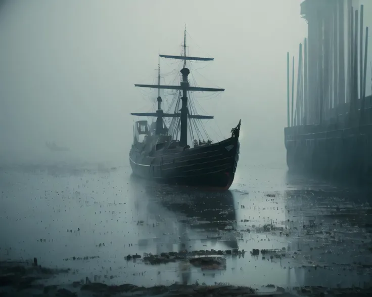 Dystopian style Caine, the shadowy and brooding prince, a tall man with dark hair and a rough, unshaven face, sailing on a ghostly ship through the mists of Shadow, dressed in dark sailor's attire and a long black coat. Enhanced details,extremely detailed,very realistic,photograph,<lora:Blade_Runner_Style:0.7>,scenery,night,building,solo,dark,science fiction,outdoors,city,cityscape, . Bleak, post-apocalyptic, somber, dramatic, highly detailed