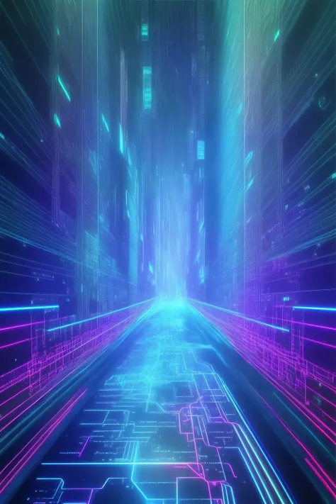hologram of digital pathways new york city, flowing data streams, circuit boards, inside the matrix, city infrastructure, neon glow, starry night painting, ((focus)), floating in space, a vibrant digital illustration, dribbble, quantum wavetracing, black background, behance hd
