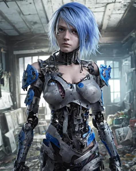 full body 8k unity render,sexy female teen cyborg, Blue yonder hair, wearing broken battle armor, at cluttered and messy shack , action shot, tattered torn shirt, skin pores, detailed intricate iris, (((detailed facial features))), very dark lighting, heavy shadows, detailed, detailed face, (vibrant, photo realistic, realistic, dramatic, dark, sharp focus, 8k)