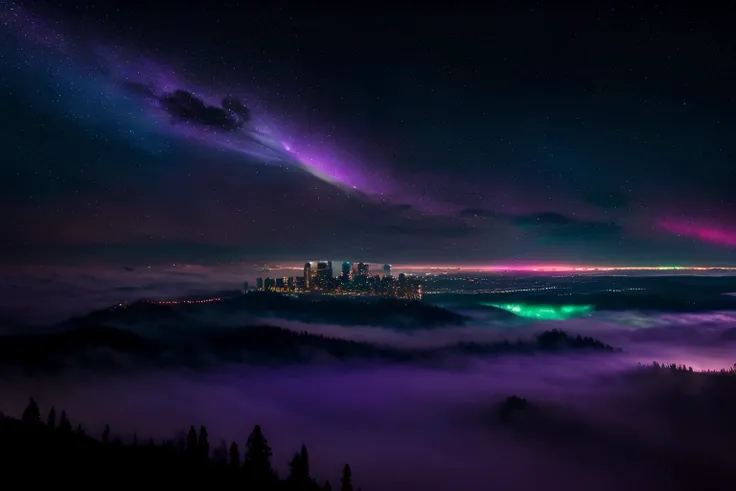 an extremely high-quality overview photo of  a huge (city skyline:1.3), (dark night:1.1), aurora borealis, milky way stars across the sky above the clouds, mysterious night, clouds, purple foggy valleys, a (cyberpunk:1.1) sci-fi city with (neon lights:1.1) below the valley lighting up the fog, lots of (tall skyscrapers:1.2) with neon signs sticking out of the fog, roads, stars above clouds, highly detailed, HDR, 4k , hires, extremely high quality RAW photograph, detailed background, intricate, Exquisite details and textures, ultra detailed photograph, warm lighting, sharp focus, high resolution, detailed skin, detailed eyes, high quality, Fujifilm XT3, <lora:epi_noiseoffset2:0.5>, <lora:LowRA:0.5>, <lora:PAseerCloudV1:0.5>