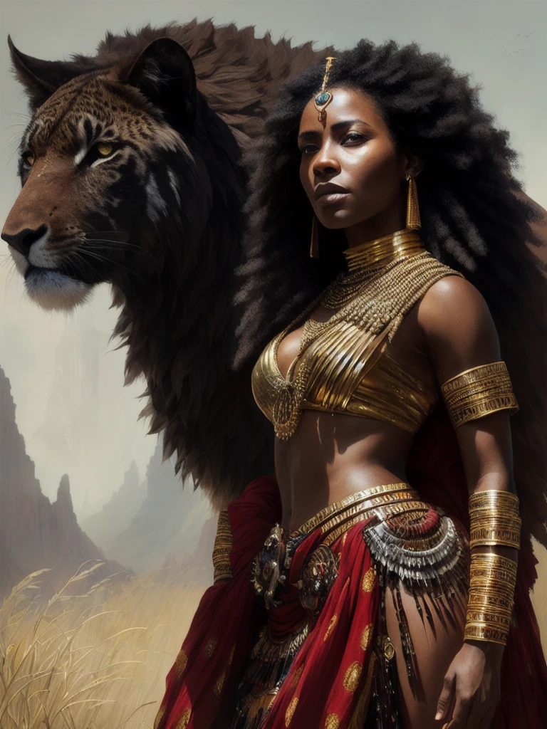 full shot body photo of the most beautiful artwork in the world featuring a tribal ((fantasy)) african queen warrior woman , With an outfit made of exotic animal skin,(sitting:1.2),(from_side:1.3), majestic oil painting by Ed Blinkey, Atey Ghailan, Studio Ghibli, by Jeremy Mann, Greg Manchess, Antonio Moro, trending on ArtStation, trending on CGSociety, Intricate, High Detail, Sharp focus, dramatic, photorealistic painting art by midjourney and greg rutkowski