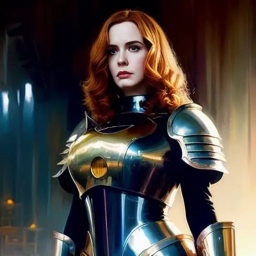 gorgeous (christina hendricks:1.3) (Katy perry:1.2) (eva green:1.1) (gina carano:1.0) wearing latex with metal armor on top, knight, female warrior, fiery hair, busty, curvy, hour glass, (cosmic energy:1.3), robotic, synth, fantasy, professional lighting, blue light, orange light, (extremely detailed CG unity 8k wallpaper), (full body shot:1.3) photo of the most beautiful artwork in the world, professional majestic oil painting by Ed Blinkey, Atey Ghailan, Studio Ghibli, by Jeremy Mann, Greg Manchess, Antonio Moro, trending on ArtStation, trending on CGSociety, Intricate, High Detail, Sharp focus, dramatic, photorealistic painting art by midjourney and greg rutkowski and artgerm