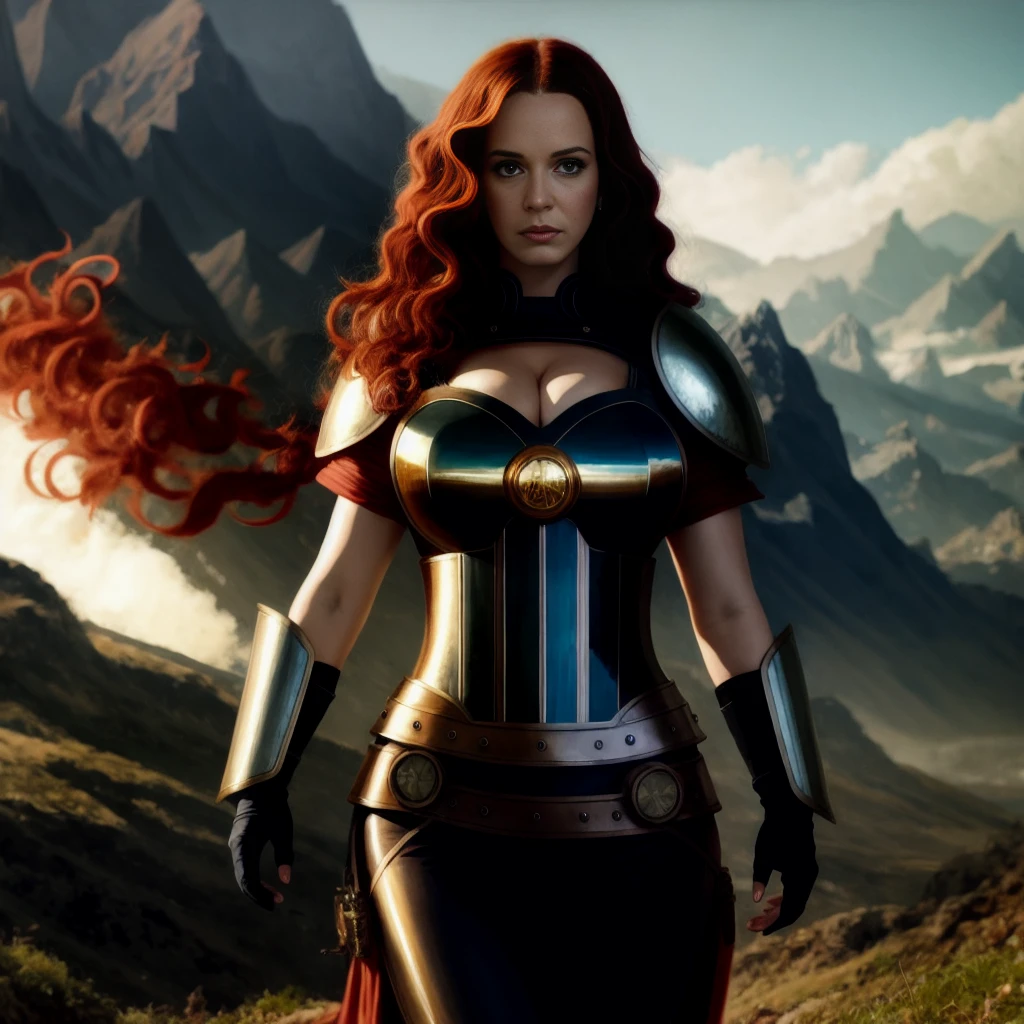 gorgeous (christina hendricks:1.3) (Katy perry:1.2) (eva green:1.1) (redhead:1.0), fit, knight, female warrior, black red tron chain_armor, (long curly fiery hair:1.2), purple eyes, busty, curvy, hour glass, (cosmic energy:1.3), robotic, synth, fantasy, professional lighting, blue light, orange light, (extremely detailed CG unity 8k wallpaper), (full body shot:1.3) photo of the most beautiful artwork in the world, professional majestic oil painting by Ed Blinkey, Atey Ghailan, Studio Ghibli, by Jeremy Mann, Greg Manchess, Antonio Moro, trending on ArtStation, trending on CGSociety, Intricate, High Detail, Sharp focus, dramatic, photorealistic painting art by midjourney and greg rutkowski and artgerm