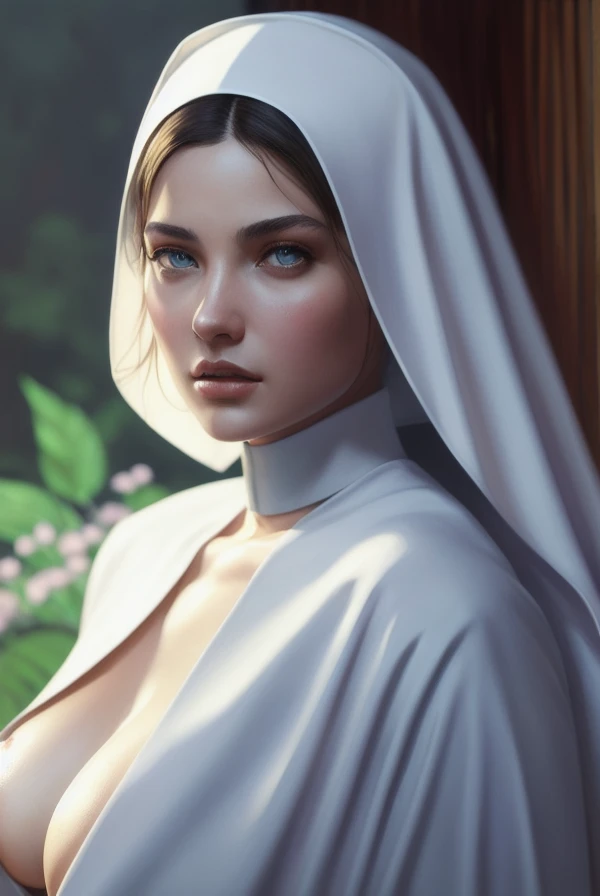 portrait of a beautiful women, big breasts, ((nun)), modelshoot style, (extremely detailed CG unity 8k wallpaper), full shot body photo of the most beautiful artwork in the world, professional majestic oil painting by Ed Blinkey, Atey Ghailan, Studio Ghibli, by Jeremy Mann, Greg Manchess, Antonio Moro, trending on ArtStation, trending on CGSociety, Intricate, High Detail, Sharp focus, dramatic, photorealistic painting art by midjourney and greg rutkowski, ((nsfw))