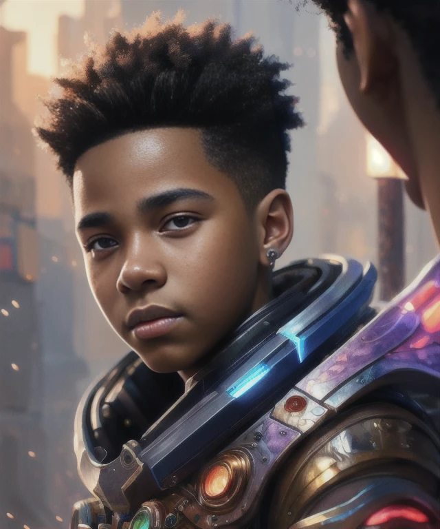 (extremely detailed photo 8k), full body shot photo of the most beautiful artwork in the world, African American boy, (wearing casual colorful futuristic clothing), cinematic lighting, very detailed face and eyes, (elaborate sci fi fantasy interior background), high-quality photo, photorealistic painting by Atey Ghailan, Studio Ghibli, by Jeremy Mann, Greg Manchess, Antonio Moro, trending on ArtStation, trending on CGSociety, Intricate, High Detail, Sharp focus, dramatic, photorealistic painting art by midjourney and greg rutkowski