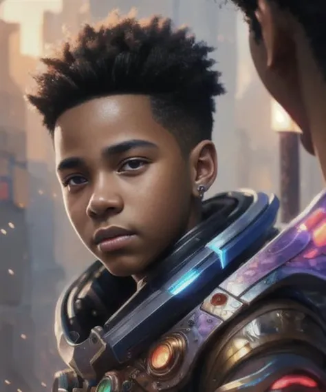(extremely detailed photo 8k), full body shot photo of the most beautiful artwork in the world, 14 year old African American boy, (wearing casual colorful futuristic clothing), cinematic lighting, very detailed face and eyes, (elaborate sci fi fantasy interior background), high-quality photo, photorealistic painting by Atey Ghailan, Studio Ghibli, by Jeremy Mann, Greg Manchess, Antonio Moro, trending on ArtStation, trending on CGSociety, Intricate, High Detail, Sharp focus, dramatic, photorealistic painting art by midjourney and greg rutkowski