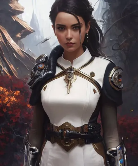 (extremely detailed photo 8k), full body shot photo of the most beautiful artwork in the world, beautiful woman medic, cleavage, (wearing elegant futurist colorful clothing), cinematic lighting, very detailed face and eyes, elaborate  sci fi fantasy background, high-quality photo, photorealistic painting by Ed Blinkey, Atey Ghailan, Studio Ghibli, by Jeremy Mann, Greg Manchess, Antonio Moro, trending on ArtStation, trending on CGSociety, Intricate, High Detail, Sharp focus, dramatic, photorealistic painting art by midjourney and greg rutkowski