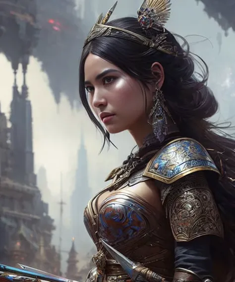 (extremely detailed photo 8k), full body shot photo of the most beautiful artwork in the world, beautiful woman warrior, cleavage, wearing intricate sci fi colorful engraved armor, cinematic lighting, very detailed face and eyes, elaborate fantasy background, high-quality photo, photorealistic painting by Ed Blinkey, Atey Ghailan, Studio Ghibli, by Jeremy Mann, Greg Manchess, Antonio Moro, trending on ArtStation, trending on CGSociety, Intricate, High Detail, Sharp focus, dramatic, photorealistic painting art by midjourney and greg rutkowski