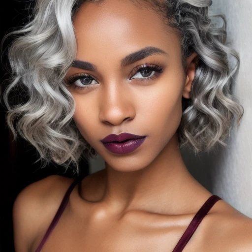 (female), (light grey eyes), (sharp nose), (curly silver blonde hair), (fairish black skin tone), (maroon lip colour), (smirk), (lingerie), ( facing the camera),