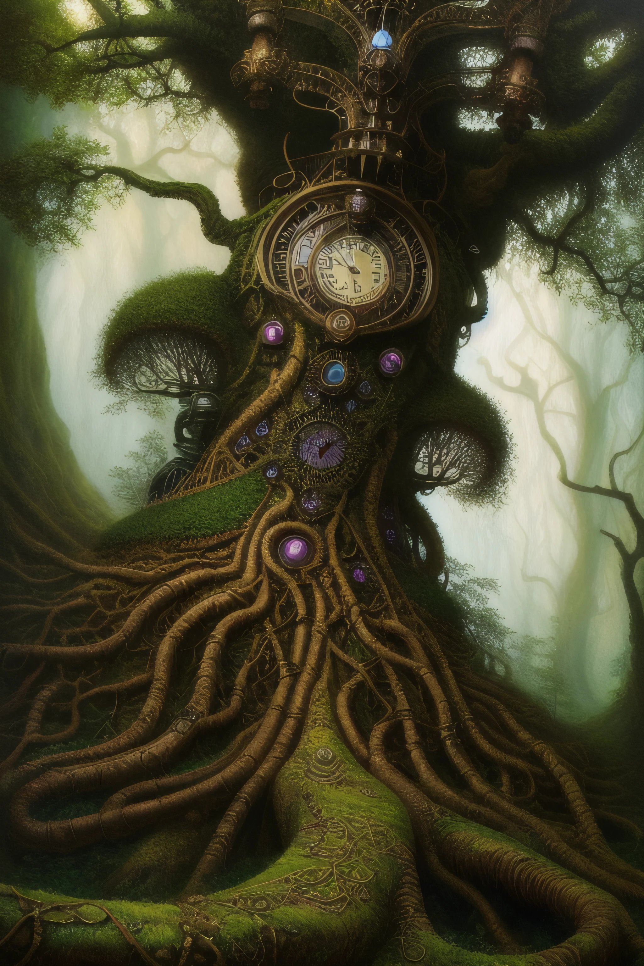 Yggdrasil imagined as steampunk towering a forrest, surrounded by forrest, intricate, detailed, vivid colors, hyper realistic, medium shot, digital painting, Masterpiece