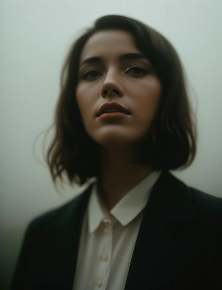 editorial photo of a woman, shot on CineStill 800T, foggy mood, close up shot, 32k, cinematic composition, professional color grading, film grain, atmosphere, wondrous