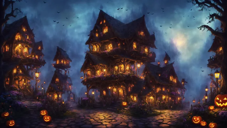 gingerbread candy village, cinematic scene, studio lighting, colorful, fantasy, fairytale, forest, fireflies, flowers, Halloween, Hansel and Gretel, background blur, medium shot, visually stunning, matte painting, concept art, trending on artstation, artgerm, cgsociety, less clutter