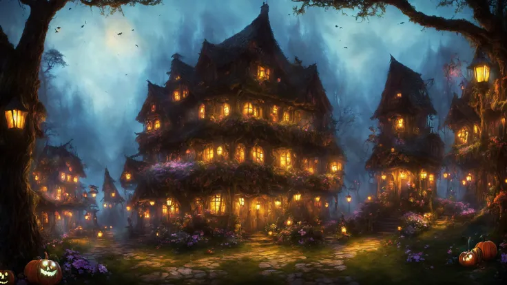 gingerbread candy village, cinematic scene, studio lighting, colorful, fantasy, fairytale, forest, fireflies, flowers, Halloween, Hansel and Gretel, background blur, medium shot, visually stunning, matte painting, concept art, trending on artstation, artgerm, cgsociety, less clutter