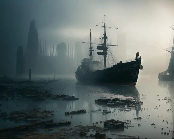 Dystopian style Caine, the shadowy and brooding prince, a tall man with dark hair and a rough, unshaven face, sailing on a ghostly ship through the mists of Shadow, dressed in dark sailor's attire and a long black coat. Enhanced details,extremely detailed,very realistic,photograph,<lora:Blade_Runner_Style:0.7>,scenery,night,building,solo,dark,science fiction,outdoors,city,cityscape, . Bleak, post-apocalyptic, somber, dramatic, highly detailed