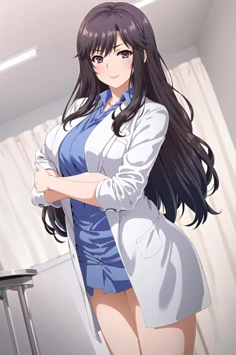 black hair, hair behind ear, straight hair, coke-bottle glasses, mole under eye, Social realism, ray tracing, cowboy shot, anatomically correct, textured skin, high details, high quality, best quality, super detail, 8k, Female doctor, white coat, hospital, Examination room, examining a patient, looking at a chart, sitting cross-legged in a chair