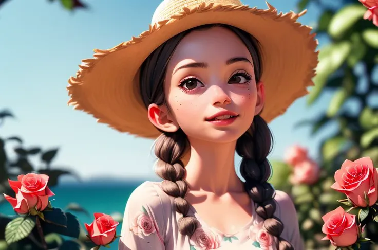 <lora:caomao:0.8>1girl, solo, hat, braid, twin braids, flower, blurry background, black hair, straw hat, blurry, collarbone, upper body, looking at viewer, rose, floral print, mole, long hair, outdoors, lips, day, hair over shoulder, dress, realistic, closed mouth, sunlight, depth of field, black eyes