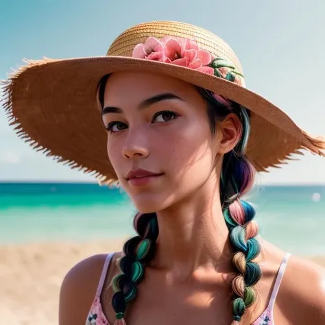 <lora:caomao:0.8>1girl, solo, hat, braid, blurry background, outdoors, looking at viewer, straw hat, blurry, portrait, twin braids, day, beach, realistic, pink hair, floral print, multicolored hair, brown eyes, sky, sun hat, lips, depth of field, ocean