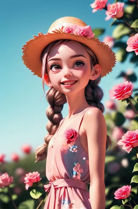 <lora:caomao:0.8>1girl, solo, hat, braid, twin braids, flower, blurry, blurry background, straw hat, black hair, outdoors, long hair, looking at viewer, upper body, smile, day, depth of field, pink flower, hair over shoulder, bare shoulders, freckles, sky