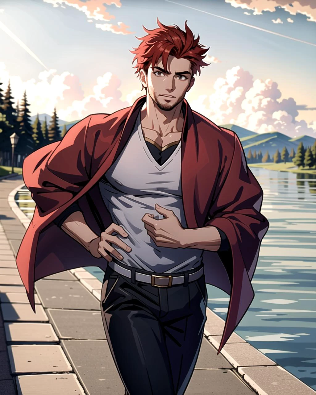((masterpiece), best quality, high quality, professional quality, highly detailed, highres, perfect lighting, natural lighting), (1boy, muscular, handsome, no facial hair, short hair, red hair), wearing wizard robes, running, by a lake