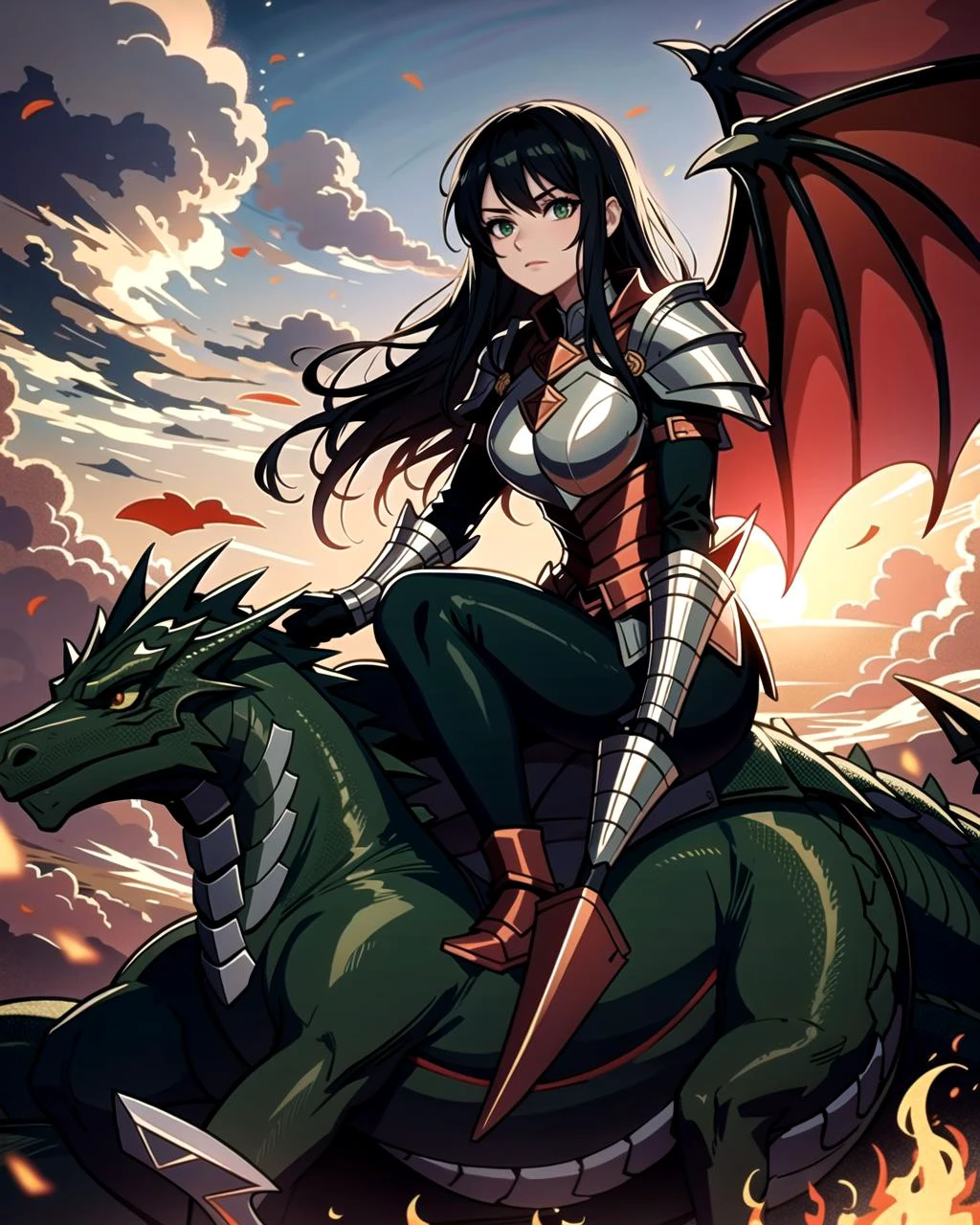 ((masterpiece), best quality, high quality, professional quality, highly detailed, highres, perfect lighting, natural lighting), green dragon, (1girl, wearing armor, sitting on dragon, dragon rider, holding weapon), flying, flames, magic, clouds, sun in background