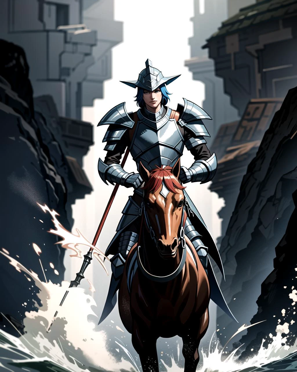 ((masterpiece), best quality, high quality, professional quality, highly detailed, highres, perfect lighting, natural lighting), young wizard, wearing battle armor, casting a water spell, from horseback