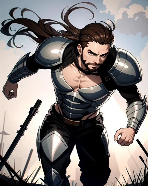 ((masterpiece), best quality, high quality, professional quality, highly detailed, highres, perfect lighting, natural lighting), (1boy, slender, handsome, facial hair, long hair, brown hair), wearing armor, running, on a battlefield