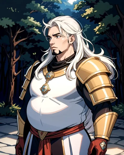 ((masterpiece), best quality, high quality, professional quality, highly detailed, highres, perfect lighting, natural lighting), (1boy, overweight, handsome, goatee, long hair, white hair), wearing armor, casting a spell, outdoors