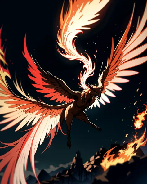 ((masterpiece), best quality, high quality, professional quality, highly detailed, highres, perfect lighting, natural lighting), phoenix, bursting into flames, taking flight from tree branch