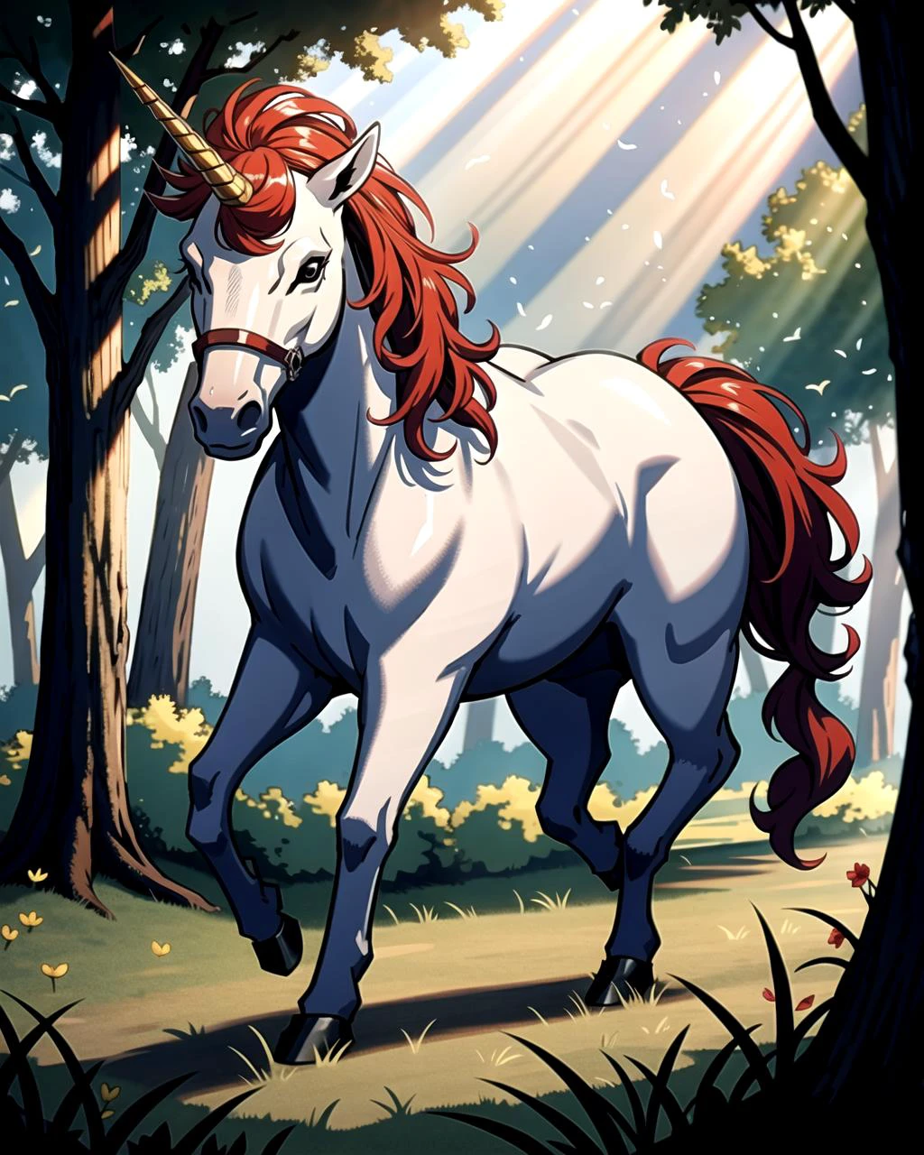 ((masterpiece), best quality, high quality, professional quality, highly detailed, highres, perfect lighting, natural lighting), unicorn, galloping, in forest