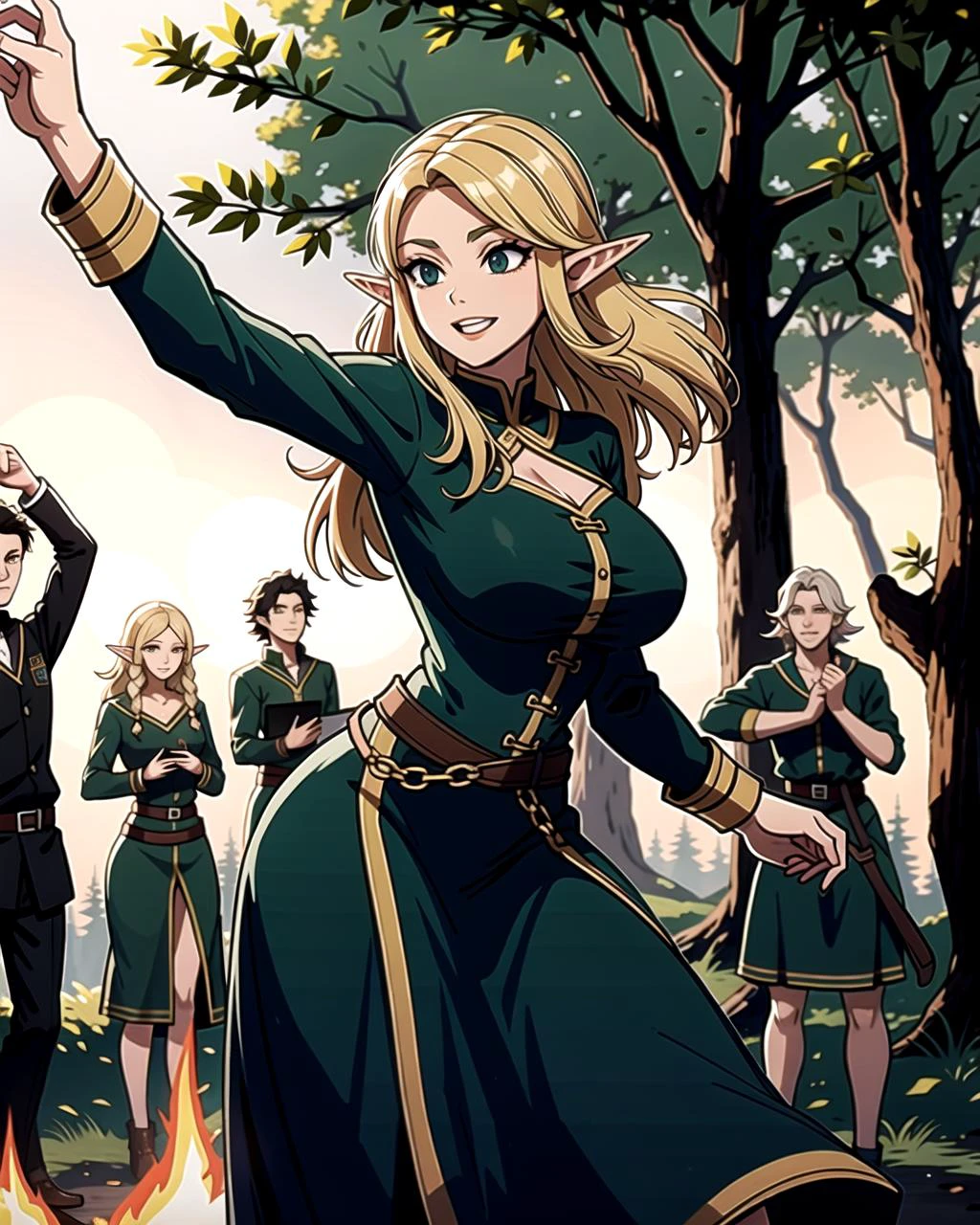 ((masterpiece), best quality, high quality, professional quality, highly detailed, highres, perfect lighting, natural lighting), group of elves, dancing, bonfire, in forest, surrounded by large trees